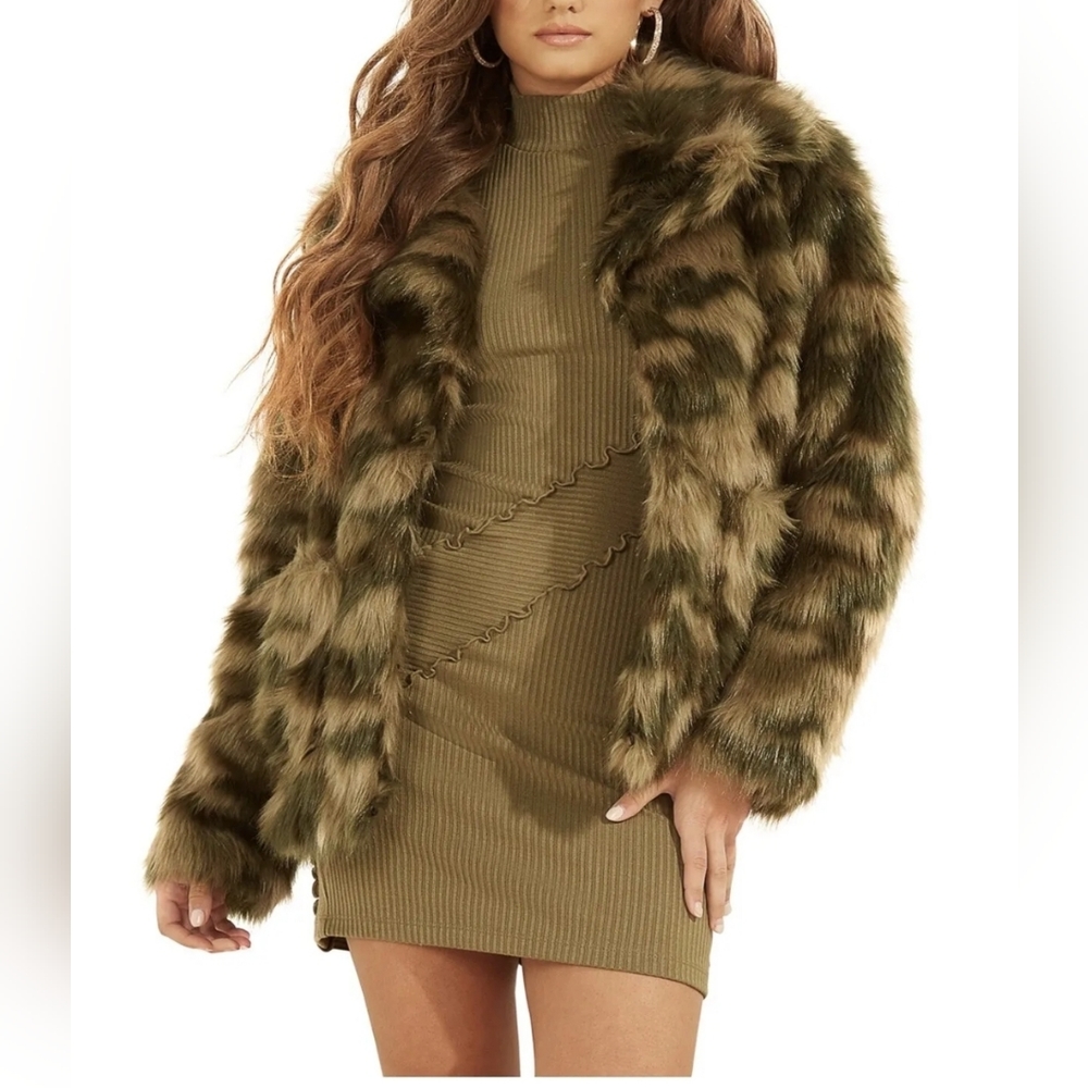 GUESS Tamie Camo Print Faux Fur Jacket, Army Olive, Sz Medium